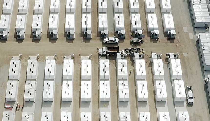Aerial view of battery storage units