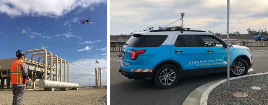 Collage of PG&E worker flying a drone over a power plant, and a car equipped with methane detection equipment