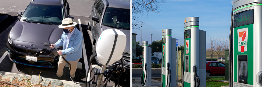 Collage of a man plugging his EV into a public charger, and a group of EV charging stations at a 7-Eleven lot