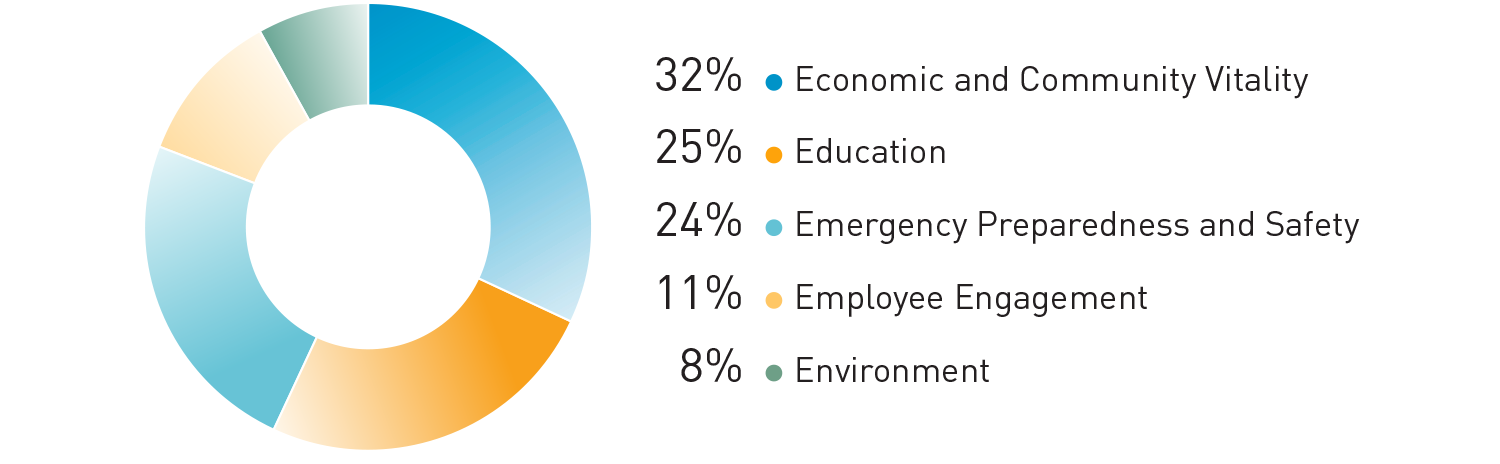 pie chart showing Economic and Community Vitality: 32%, Education: 25%, Emergency Preparedness and Safety: 24%, Employee Engagement: 11%, Environment: 8%
