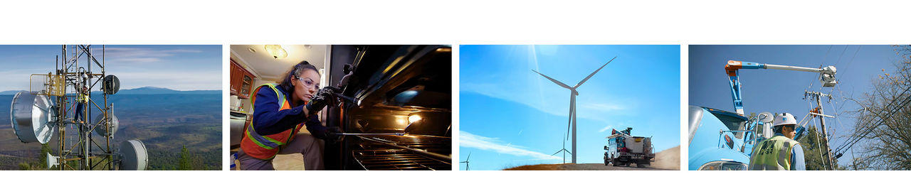 A horizontal montage shows several scenes related to energy and utility infrastructure. One panel features a telecommunications tower with large antennas against a distant mountain landscape. Another panel shows a worker in safety gear inspecting or repairing equipment indoors. A third panel highlights a tall wind turbine under a clear blue sky, while the final panel depicts utility workers in a raised bucket truck working on overhead equipment.