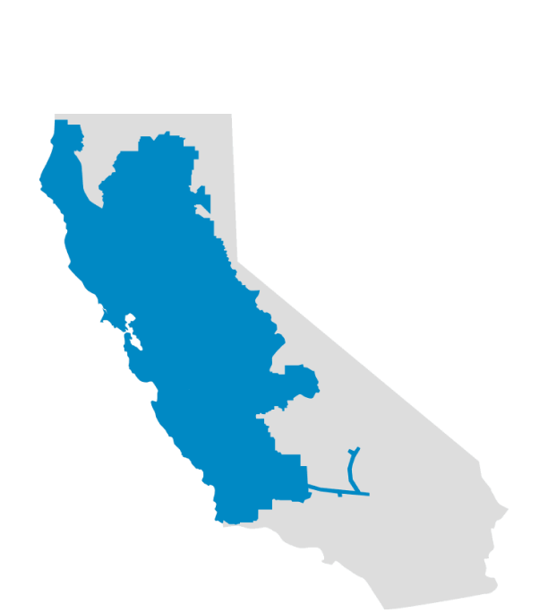 A map of California with PG&E’s service area in the northern and central part of the state highlighted in blue