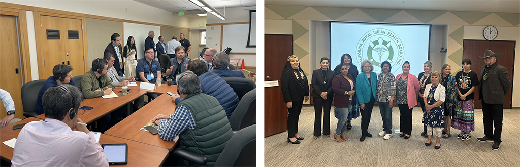 Two photos are shown side by side. In the left photo, PG&E leaders and representatives from Peru are sitting at a table talking. In the right photo, a group of people are posing for a photo in a conference hall.